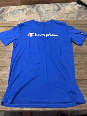 Champion Blue Short Sleeve Tee with White Script and Red Accent